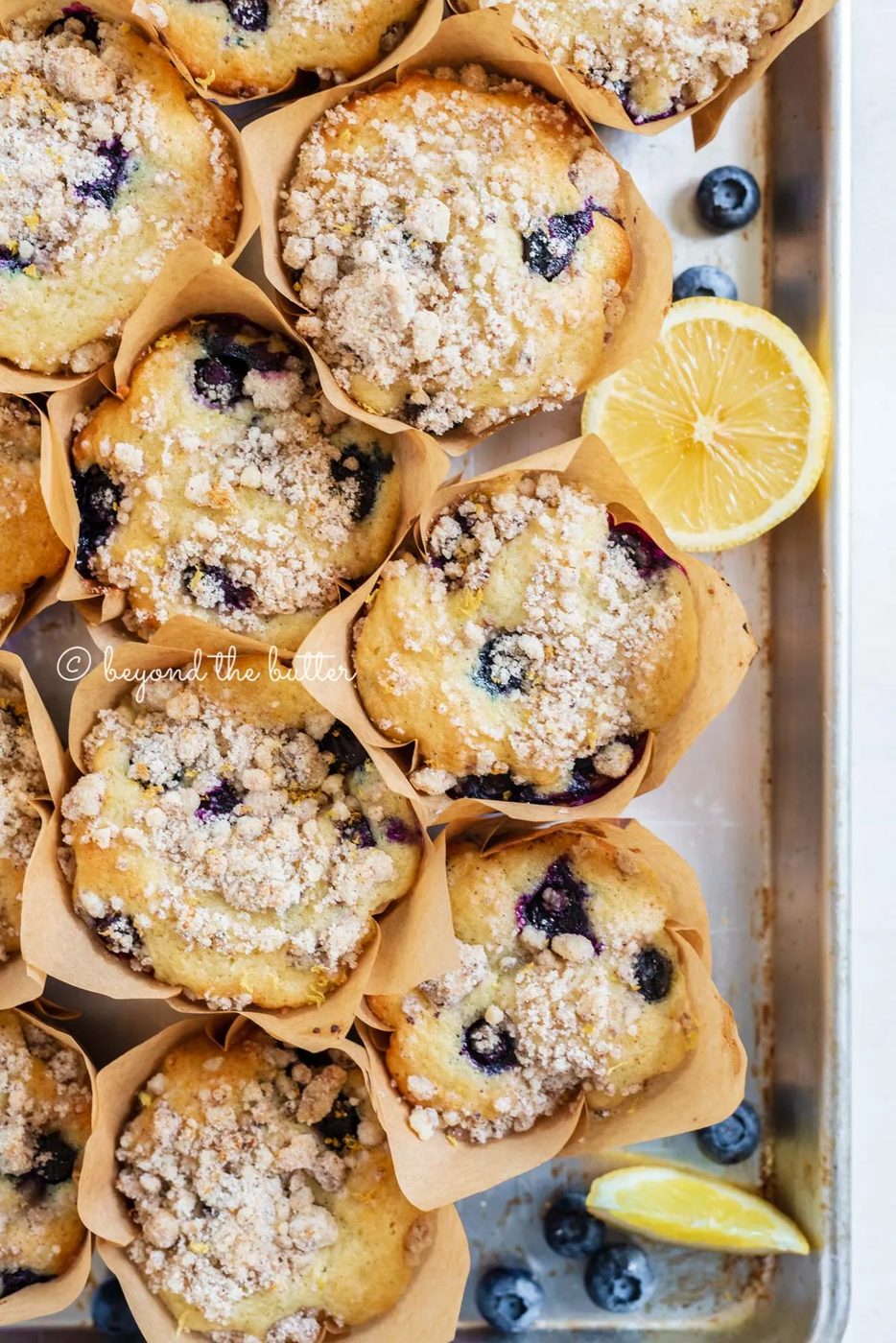 Baking tray filled with bakery style lemon blueberry muffins garnished with slices of lemons and blueberries | All images © Sovuh