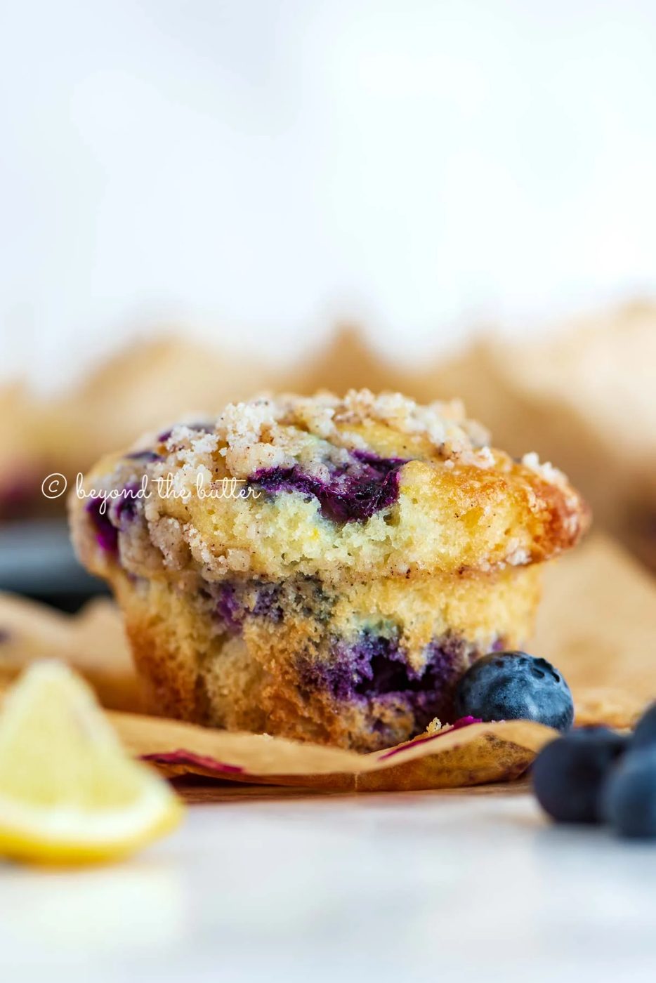 Unwrapped lemon blueberry streusel muffin with lemon wedges and blueberries around it | All images © Sovuh