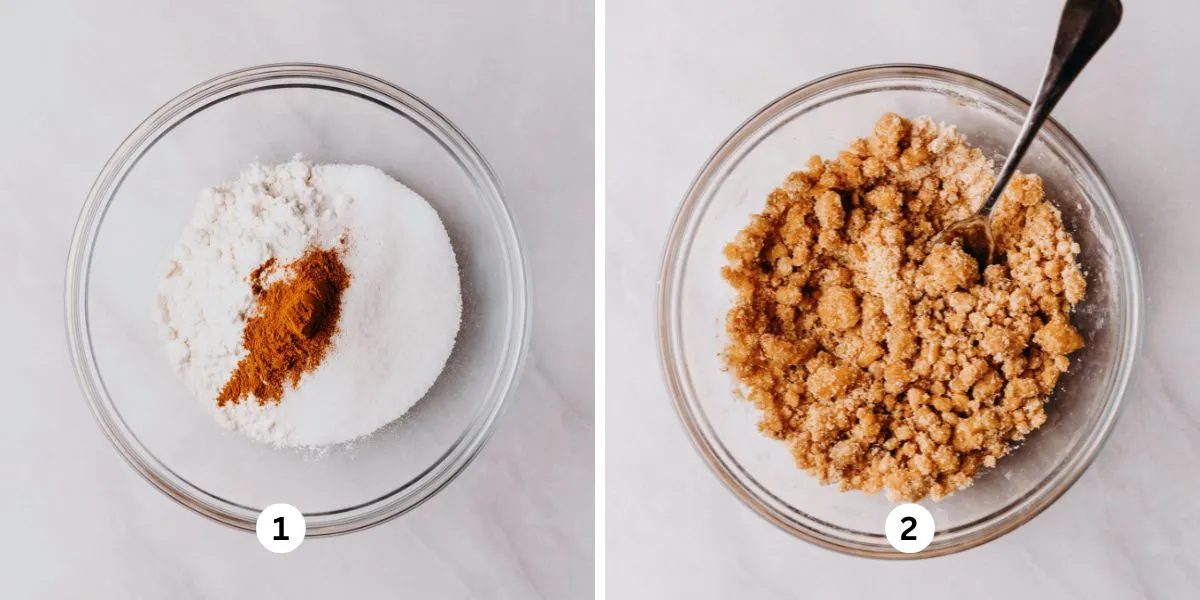 Whisking all-purpose flour, sugar, and cinnamon together then adding in the cubed cold butter in glass bowl on a white background.