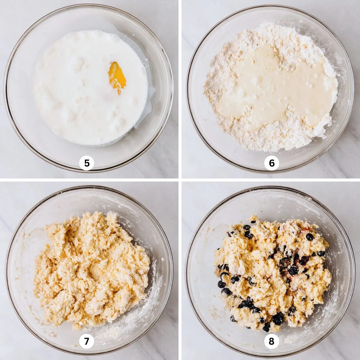 Whisking wet ingredients together in a glass bowl until fully combined then adding it to the dry ingredients along with fresh blueberries.