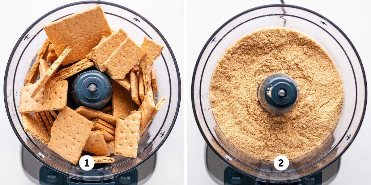 Pulverizing graham crackers into fine crumbs in a small food processor on a white background.