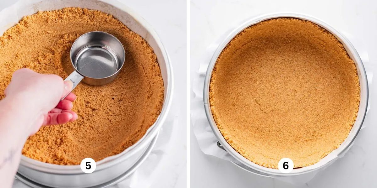Pressing graham cracker crust mixture into a prepared springform pan using a metal measuring cup then baking the crust.