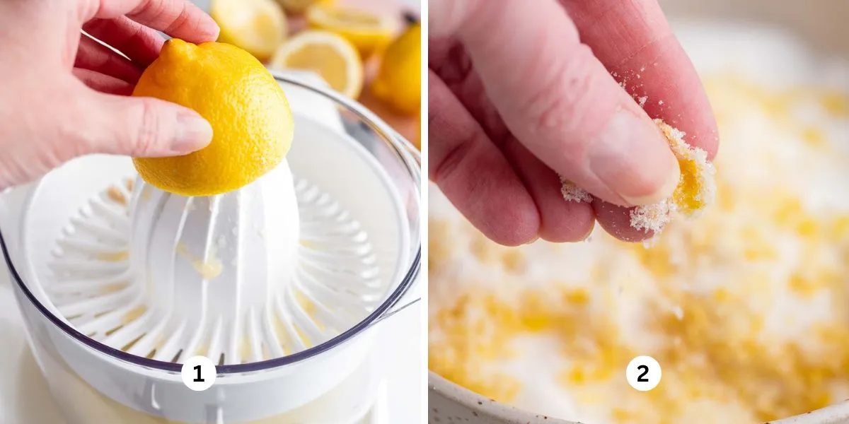 Juicing lemons using a citrus press and rubbing lemon zest and granulated sugar together.