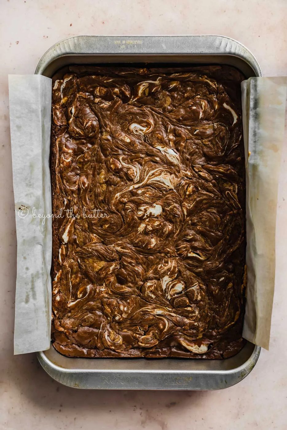 Baking tray of uncut marshmallow peanut butter brownies | All Images © Sovuh