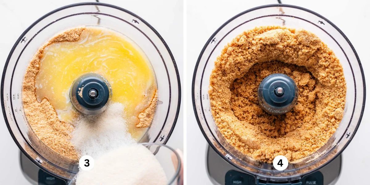 Adding melted butter and granulated sugar to graham cracker crumbs in a food processor on a white background.