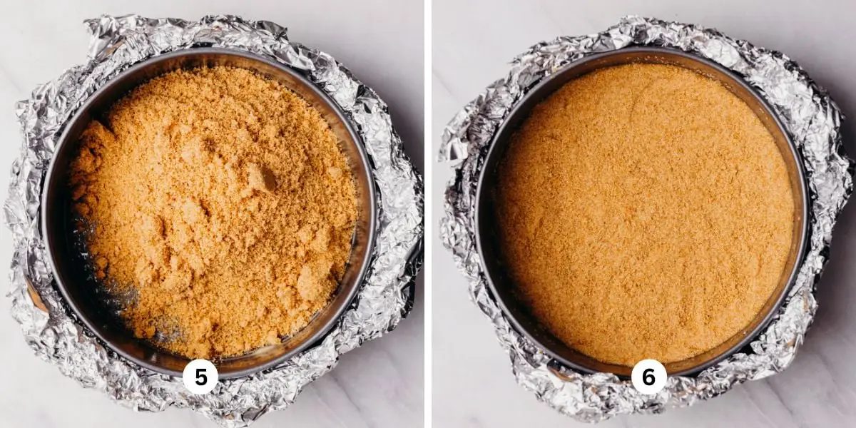 Forming the graham cracker crust in a foil lined springform pan on a white background.