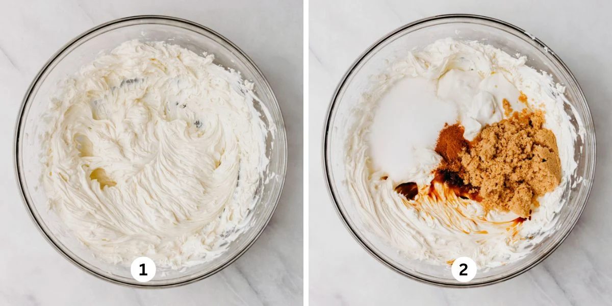 Whipping cream cheese in a glass mixing bowl, then adding in the sugars, sour cream, spices, and vanilla.