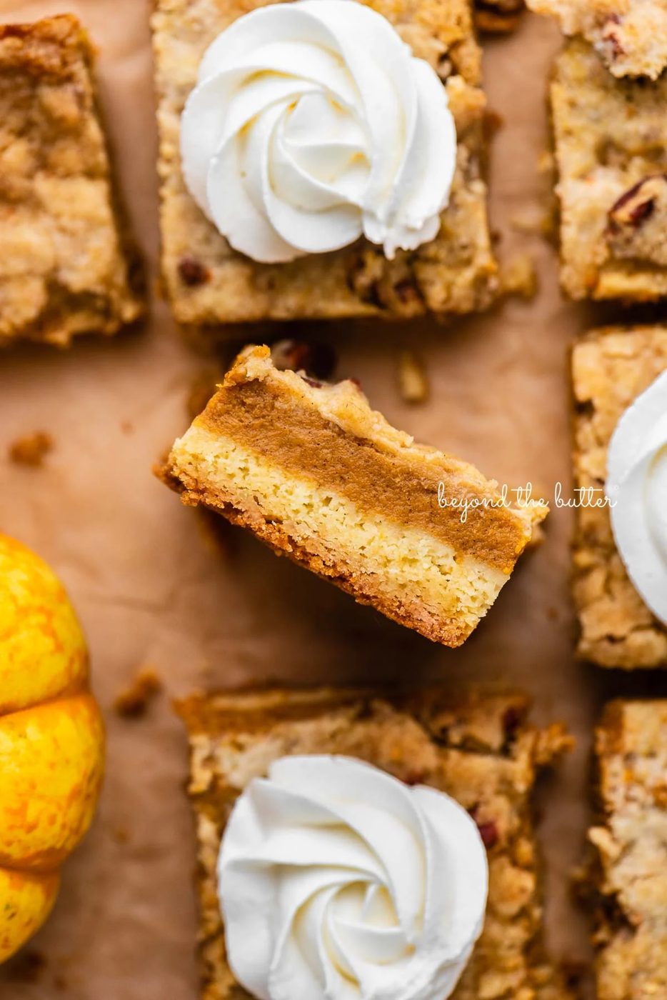 Sliced pumpkin pie cake bars on parchment paper background with center slice on its side | © Sovuh