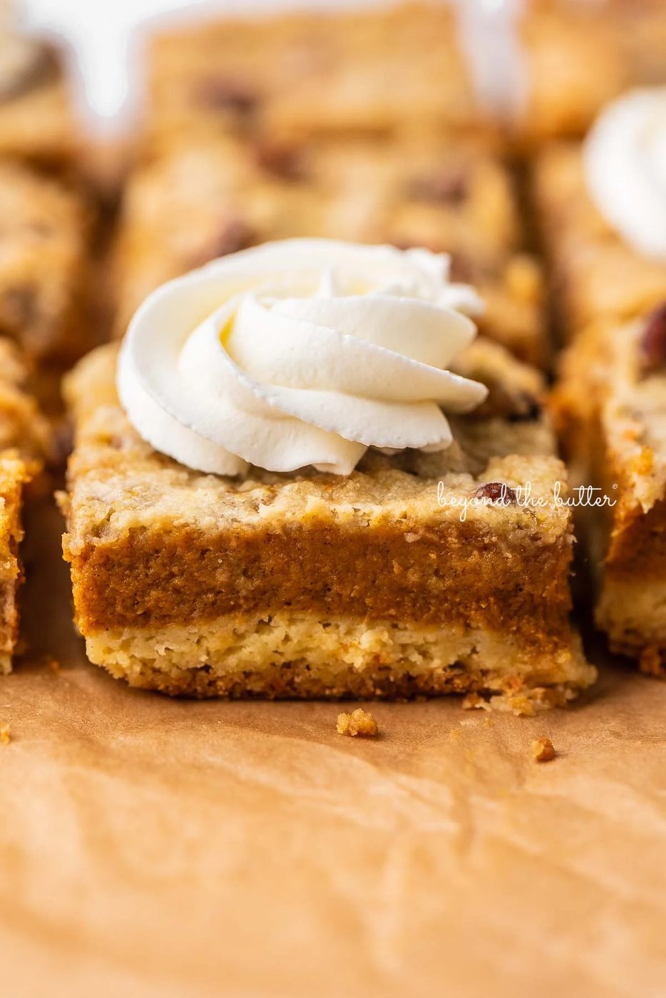Sliced pumpkin pie cake bars topped with house-made whipped cream on parchment paper background | © Sovuh