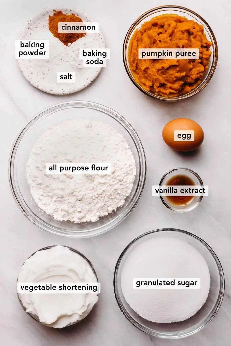 Ingredients in various size bowls labeled as salt, baking powder, baking soda, cinnamon, pumpkin puree, all purpose flour, egg, vegetable shortening, and granulated sugar on a white marbled background.