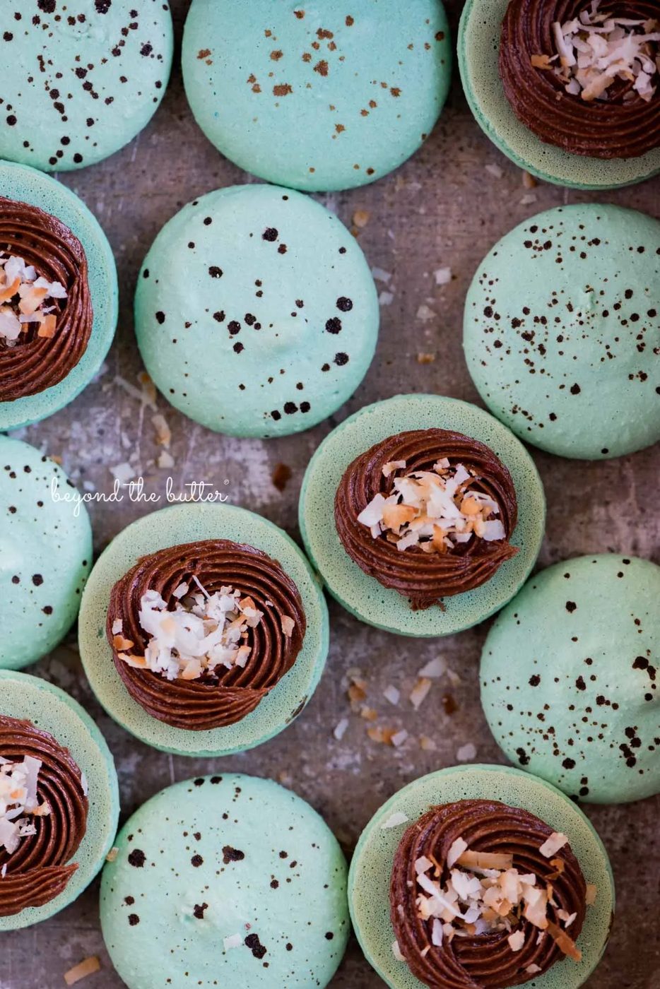 Robin's egg macarons opened and half filled with milk chocolate frosting and toasted coconut flakes in a vintage bake pan | All images © Sovuh