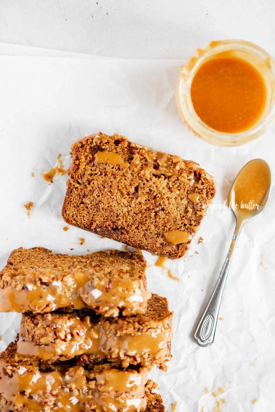 Overhead image of sliced salted caramel banana nut bread | All Images © Sovuh