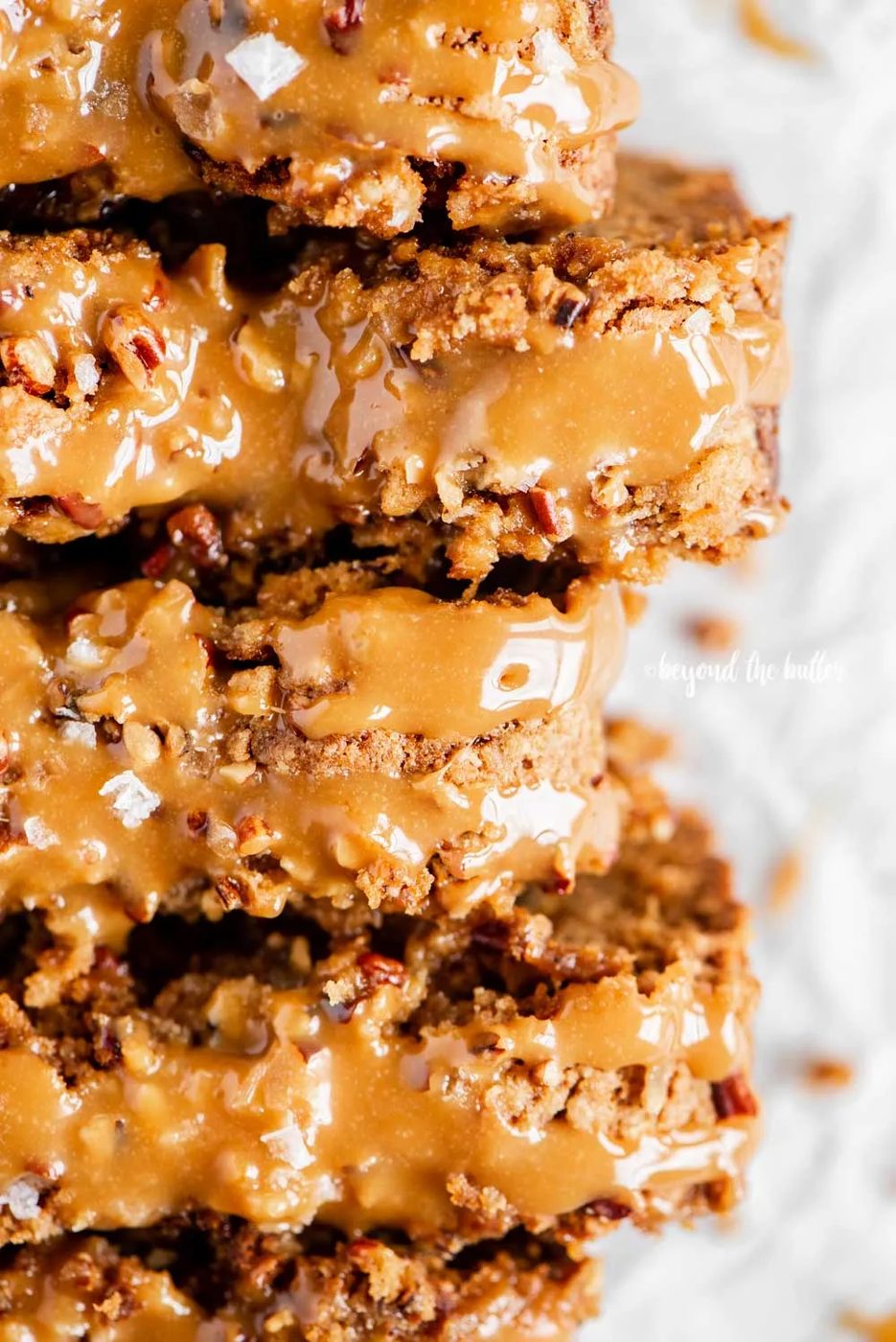 Closeup overhead image of sliced salted caramel banana nut bread | All Images © Sovuh