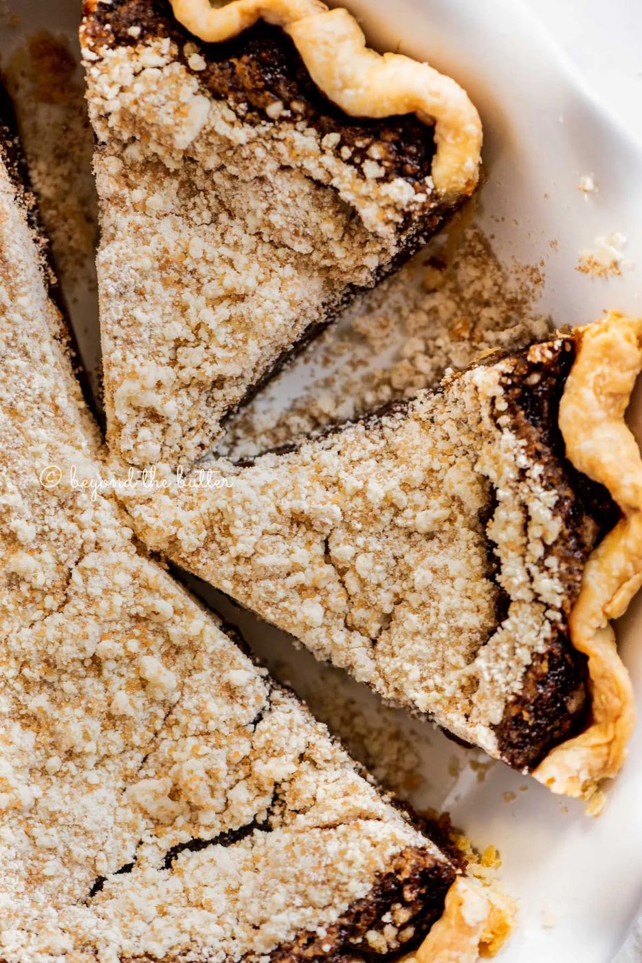 Overhead close up image of pennsylvania dutch shoo fly pie with slices removed | All Images © Sovuh