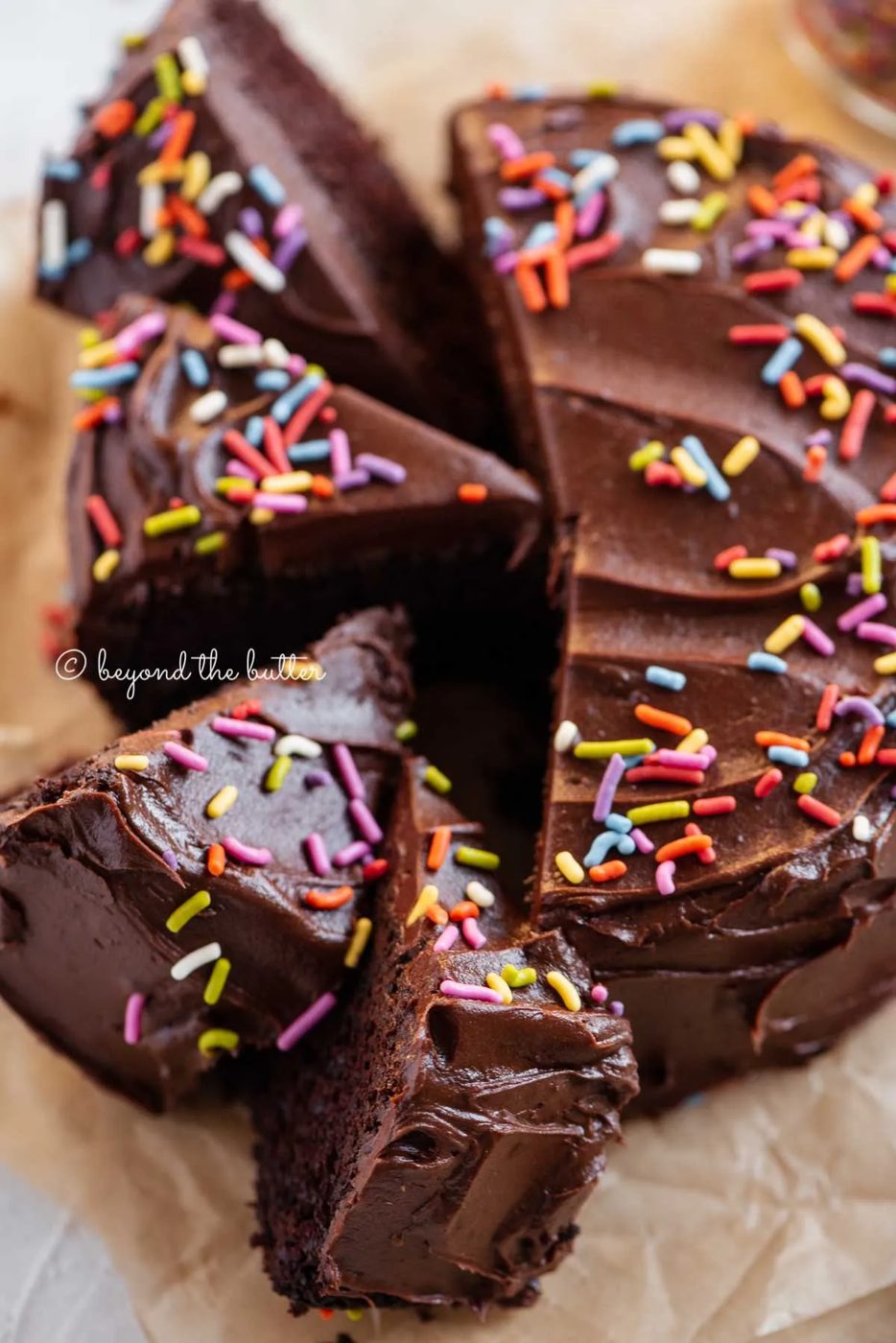 Overhead image of single layer chocolate cake with slices cut and randomly placed by the cake | All Images © Sovuh