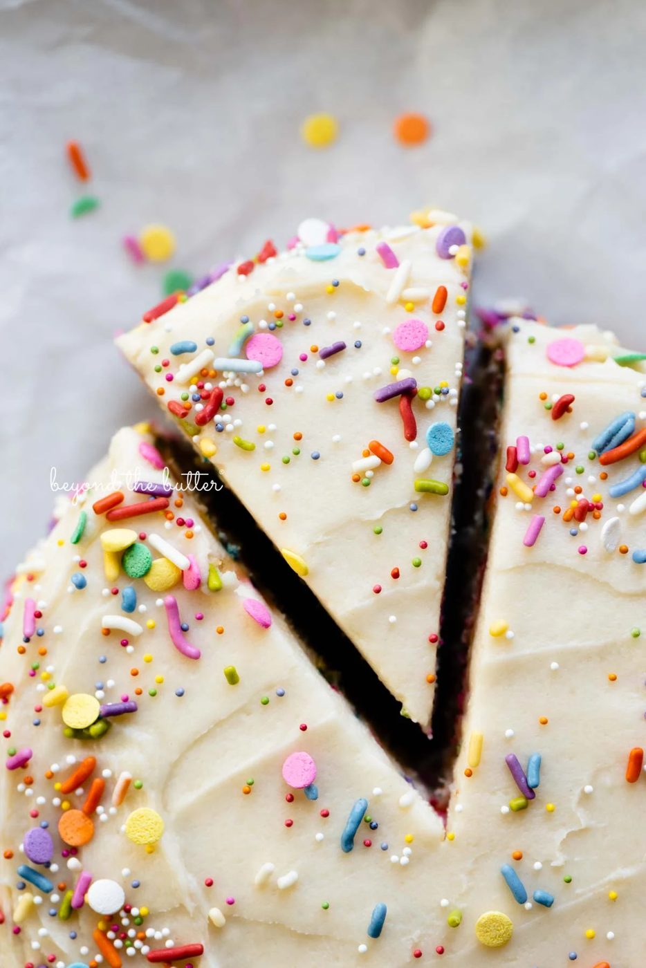 Cut slice of single layer funfetti cake partially removed from rest of the cake | All images © Sovuh