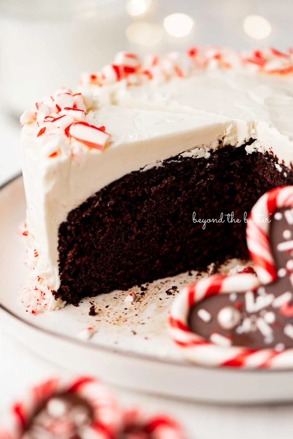 Single layer chocolate peppermint cake sliced with candy cane heart placed on the dessert plate | © Sovuh