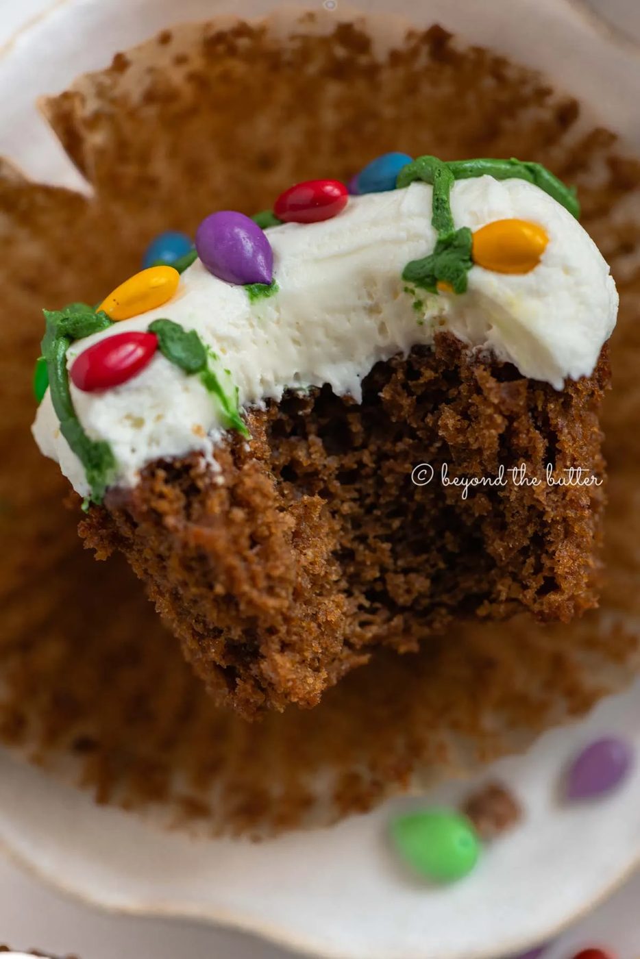 Liner removed with bite taken out of it gingerbread cupcake on a small dessert plate on a white, chocolate covered sunflower seed background | All Images © Sovuh