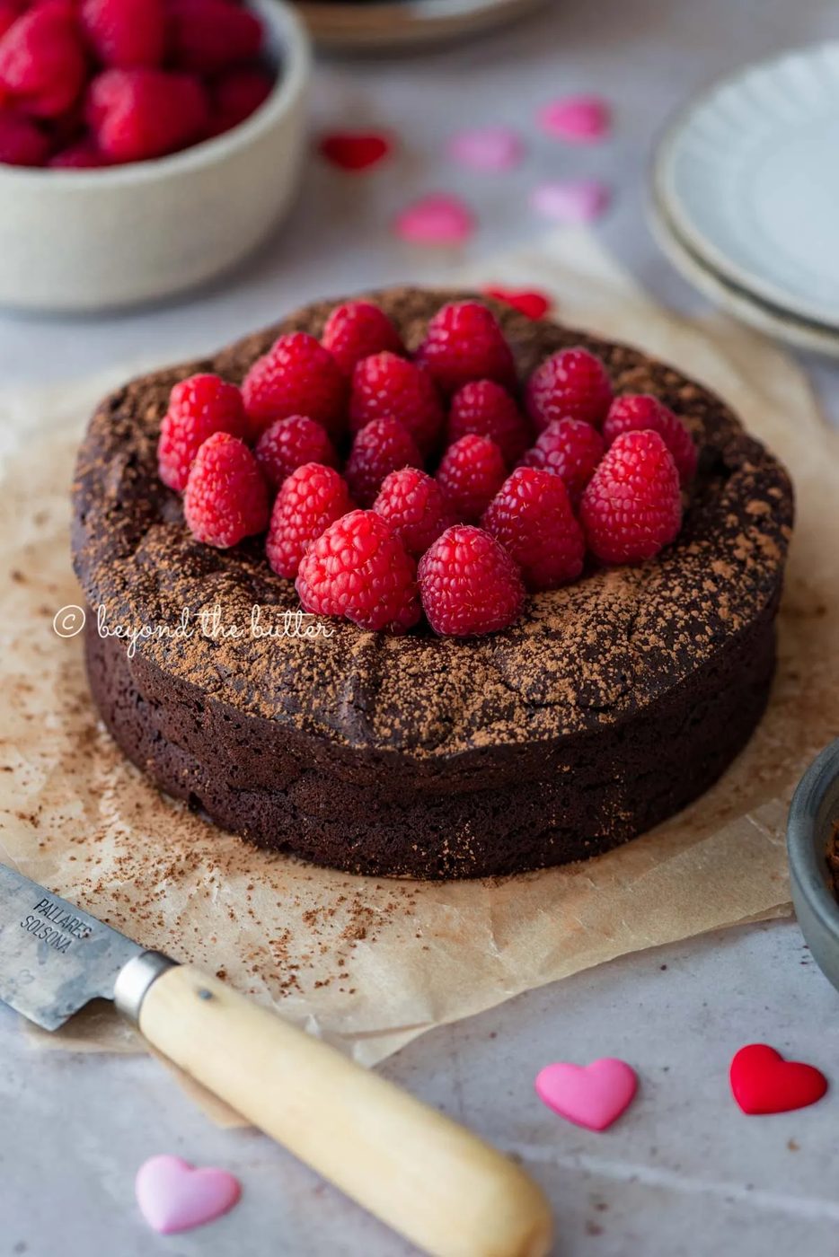 Small flourless chocolate cake topped with cocoa powder and fresh raspberries on parchment paper | All images © Sovuh