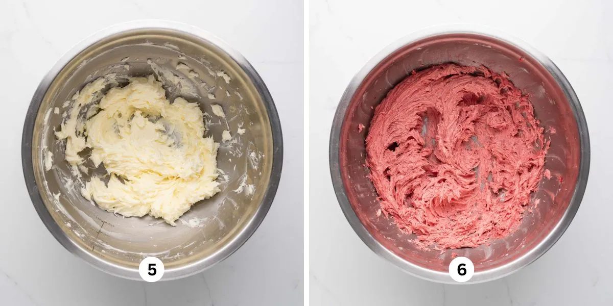 First image shows beaten butter and powdered sugar together in a stainless steel mixing bowl. Second image shows the mixture with freeze dried strawberry powder and vanilla extract mixed in.