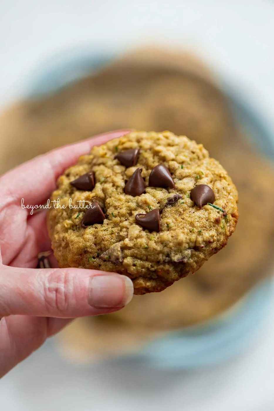 Hand holding a zucchini chocolate chip oatmeal cookies with a blurred plate of more cookies in the background | © Sovuh