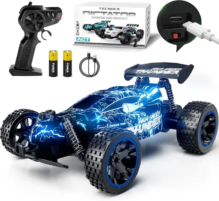 1:18 Scale 2WD Kids RC Car with LED Lights and USB-C Charging