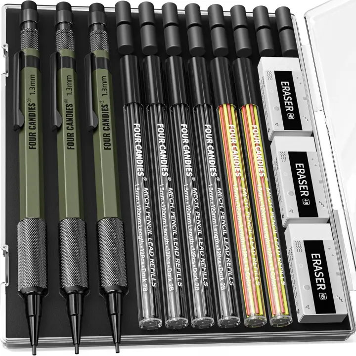1.3mm Metal Carpenter Mechanical Pencil Set — 3-Pack with 72 Leads