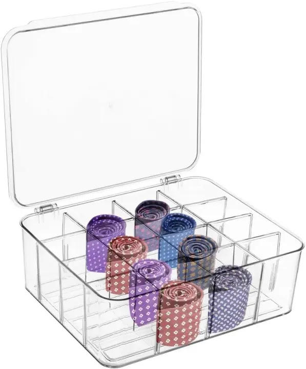 16-Cell Clear Tie Organizer Box with Lid — Stackable Closet Bin