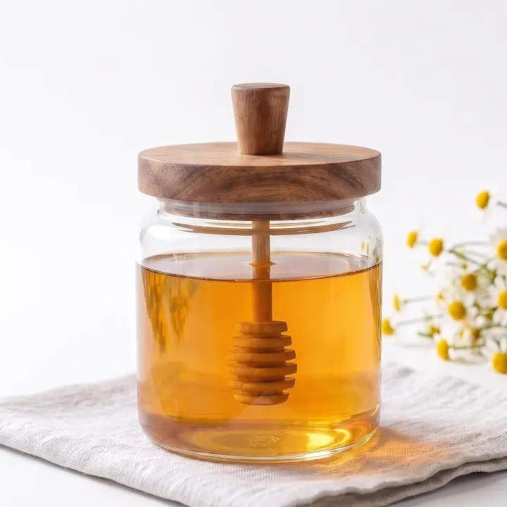 17 oz Wide-Mouth Glass Honey Jar with Wooden Dipper & Lid