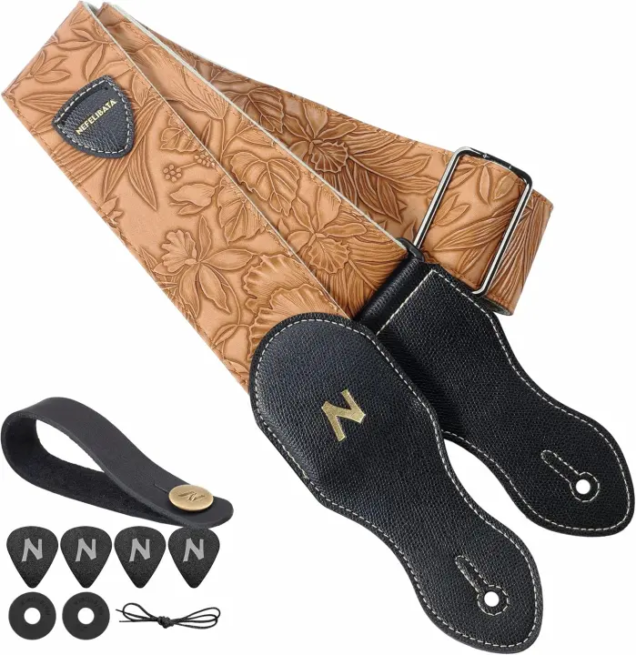 2.3 in Vintage-Style Vegan Leather Guitar Strap with Pick Pocket (Brown/Yellow)