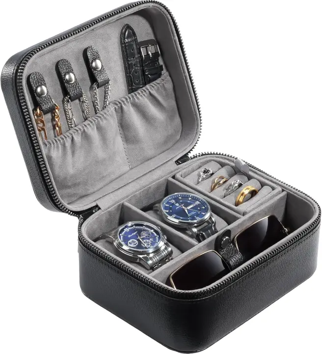 2-Slot Travel Watch Case — Men's Compact Jewelry Box (Black)
