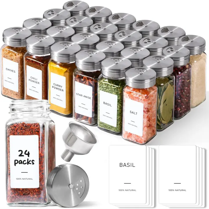 24-Pack 4 fl oz Square Glass Spice Jars with Shaker Lids