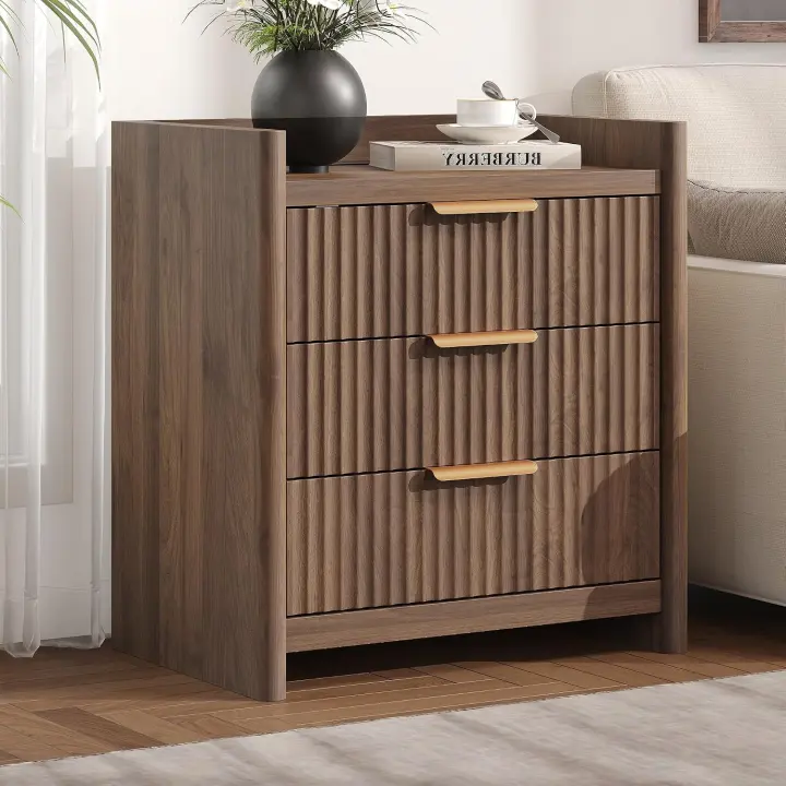 25.9" Fluted Nightstand with Charging Station — 3-Drawer Bedside Table