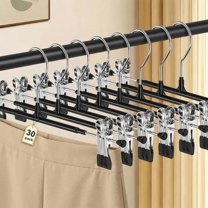 30-Pack 12" Adjustable Pants & Skirt Hangers with Clips — Black