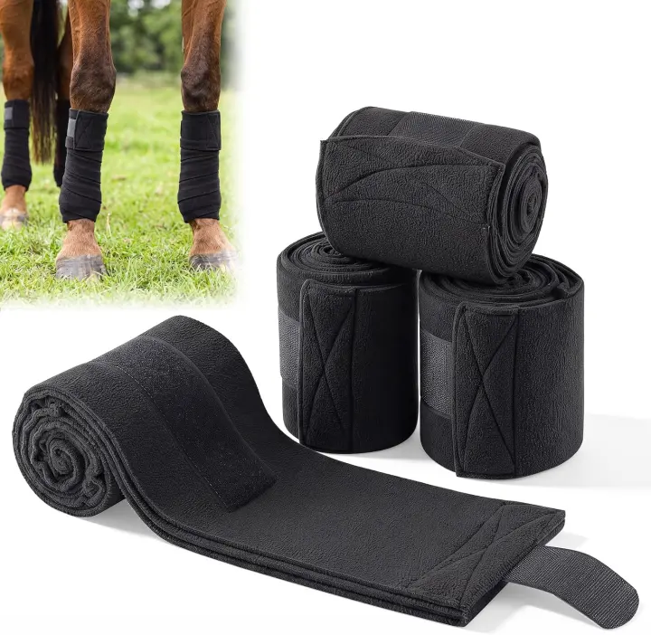 4-Pack Fleece Horse Polo Wraps — 10 ft Black Leg Wraps
