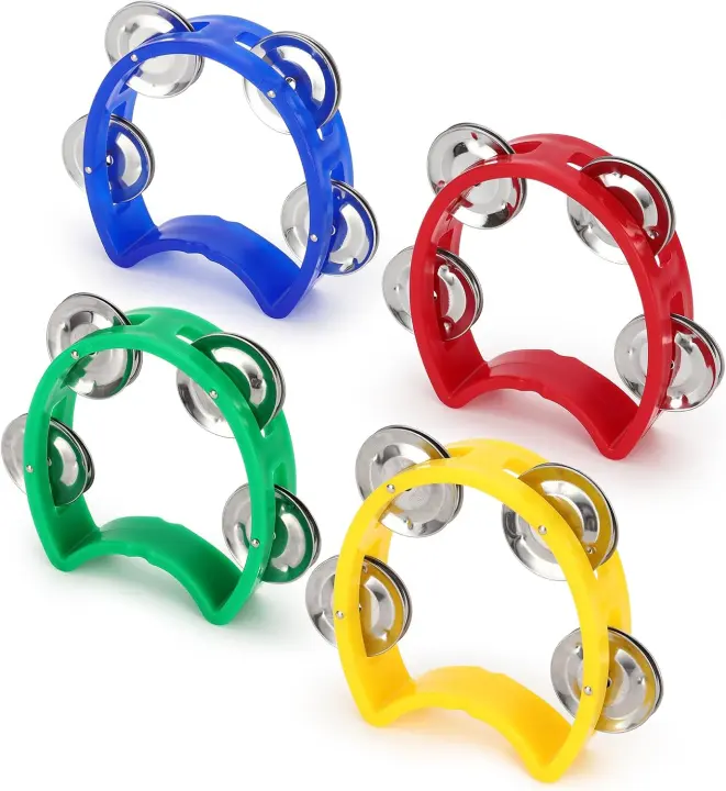 4-Pack Mini Handheld Tambourines — Plastic Half-Moon Jingle Bells
