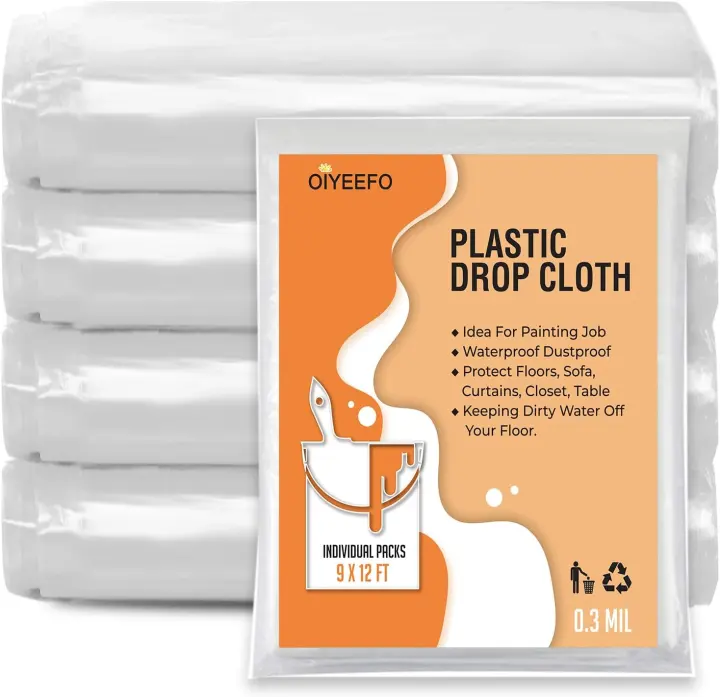 5-Pack 9x12 ft Clear Plastic Drop Cloths — Waterproof Protective Sheeting