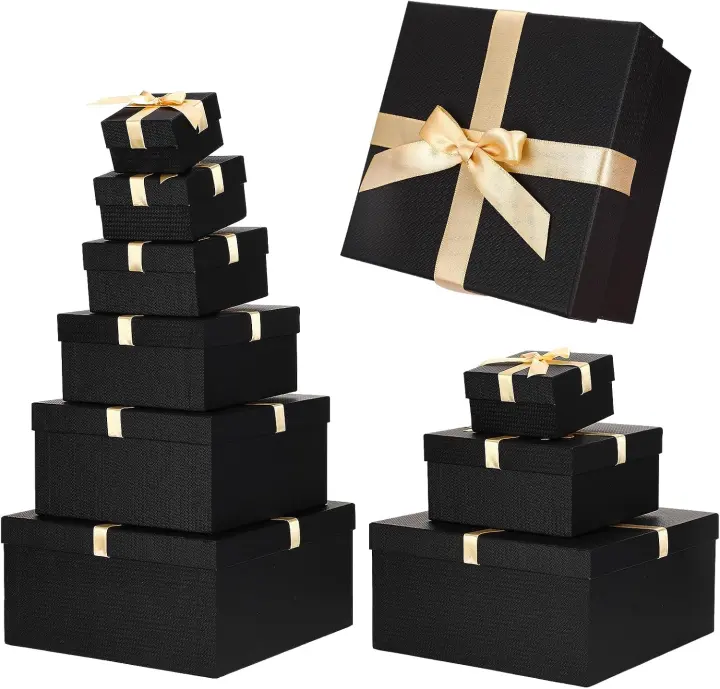 6-Pack Nesting Square Gift Boxes with Ribboned Lids — Black