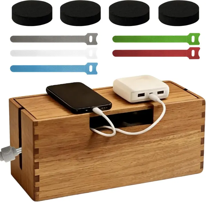 Acacia Wood Cable Management Box — Wooden Cord Organizer