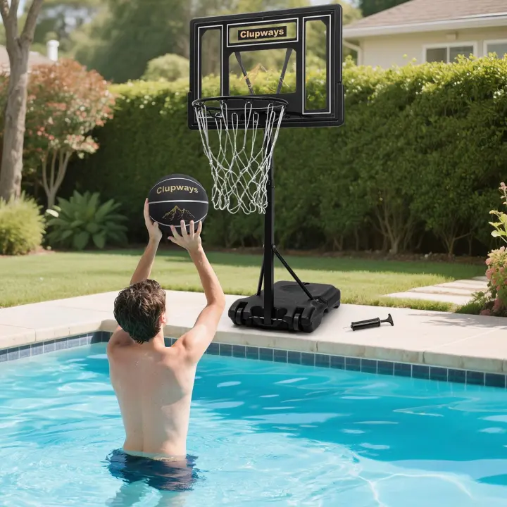 Adjustable Poolside Basketball Hoop — Portable, Water-Weighted, Shatterproof Backboard