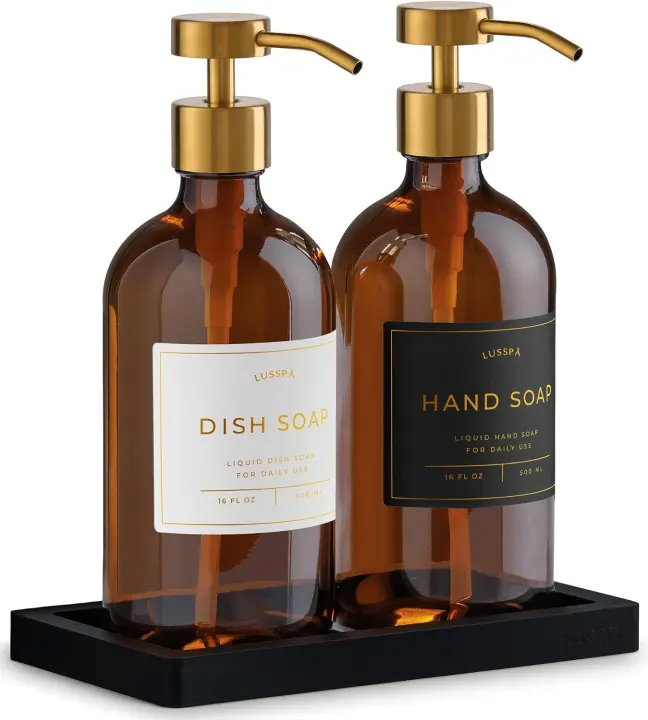 Amber Glass Soap Dispenser Set of 2 with Silicone Tray & Metal Pumps
