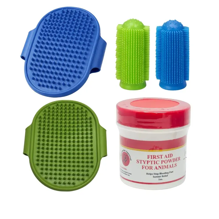 At-Home Pet Grooming Kit — Silicone Bath Brushes, Finger Toothbrushes & 1oz Styptic