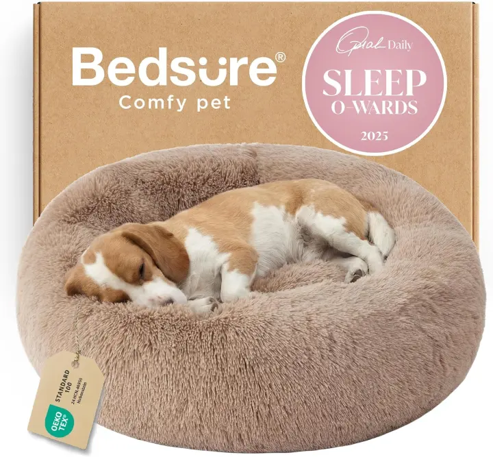 Bedsure Donut Calming Dog Bed — Plush Round Washable Pet Bed, 33in Camel