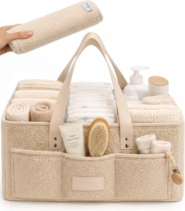 Beige Diaper Caddy Organizer with Waterproof Changing Pad