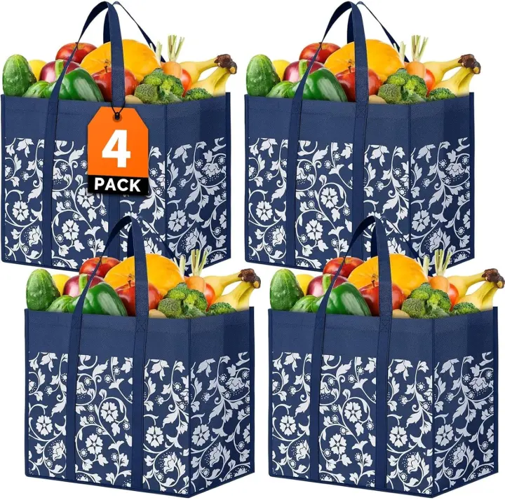 Blue Foldable Reusable Grocery Tote Bags — 4-Pack