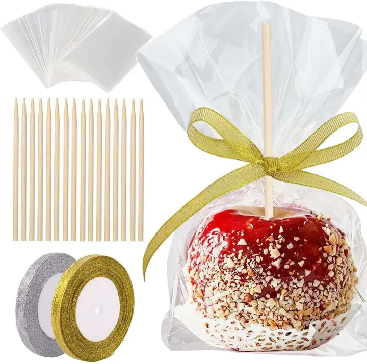 Caramel Apple Kit: 100 Bamboo Sticks, 100 Clear Bags & 50 yd Glitter Ribbon