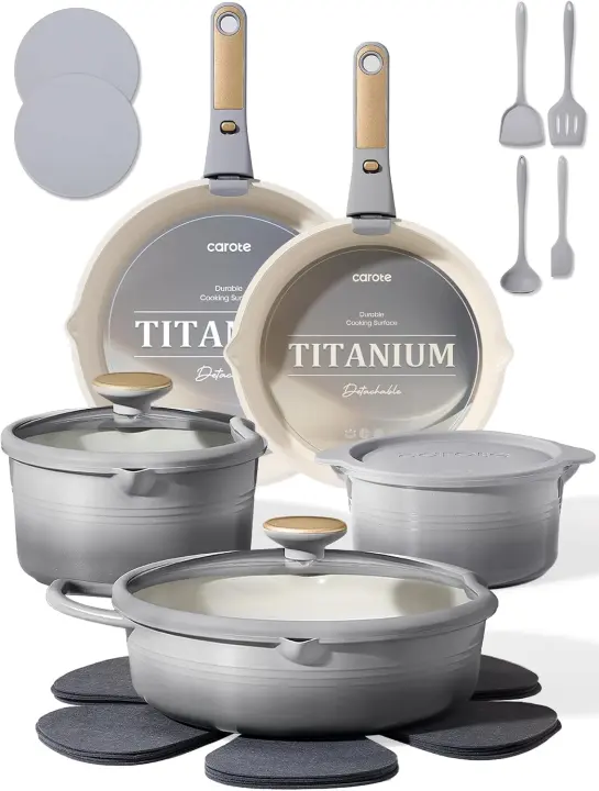 CAROTE 20-Piece Titanium Nonstick Cookware Set with Detachable Handle