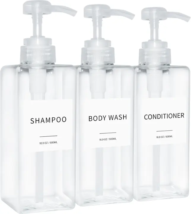 Clear Shower Shampoo & Conditioner Dispenser Set — 3 Pump Bottles