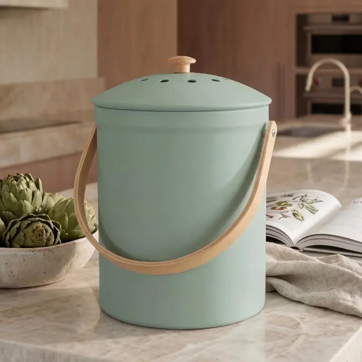 Countertop Compost Bin with Charcoal Filter and Wooden Handle