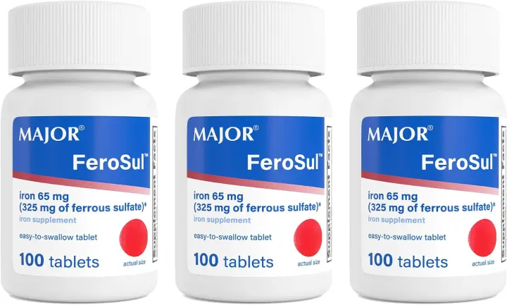 Ferrous Sulfate 325 mg Tablets — 65 mg Elemental Iron, 3×100 Count (Red)